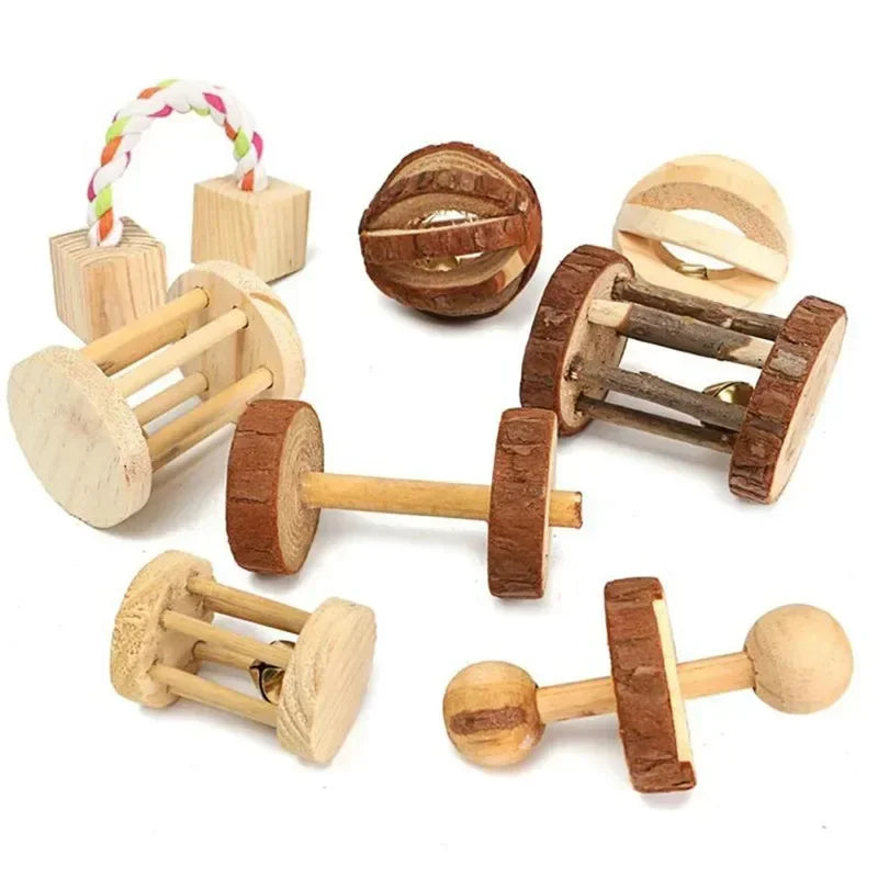Natural Wood Chew Toys Rodents Rabbit-shaped Roller Bell Guinea Pig Qme