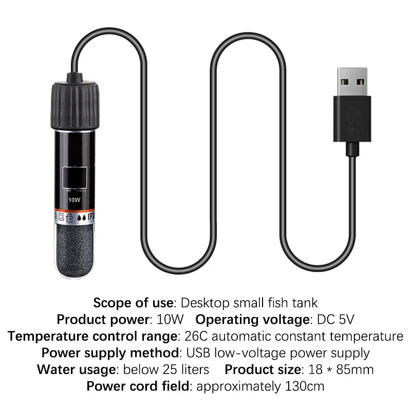 .USB Mini Aquarium Heating Rod For Small Fish Tank 26°C Constant Temperature Aquarium Heater Submersible Thermostat Heater 10W. Qme 1pc