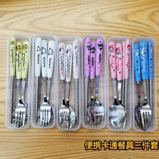 Kuromi Stainless Steel 3-Piece Portable Cutlery Set Cute Cartoon-Themed, Stylish Fork and Spoon Set Qme 6Random Styles