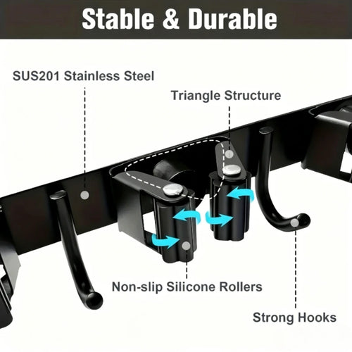 1 Heavy-Duty Metal Tool Rack with 4 Slots and 5 Hooks - Wall-Mounted Garden Tools, Broom, Mop and Garage Equipment, Tool Rack St Qme