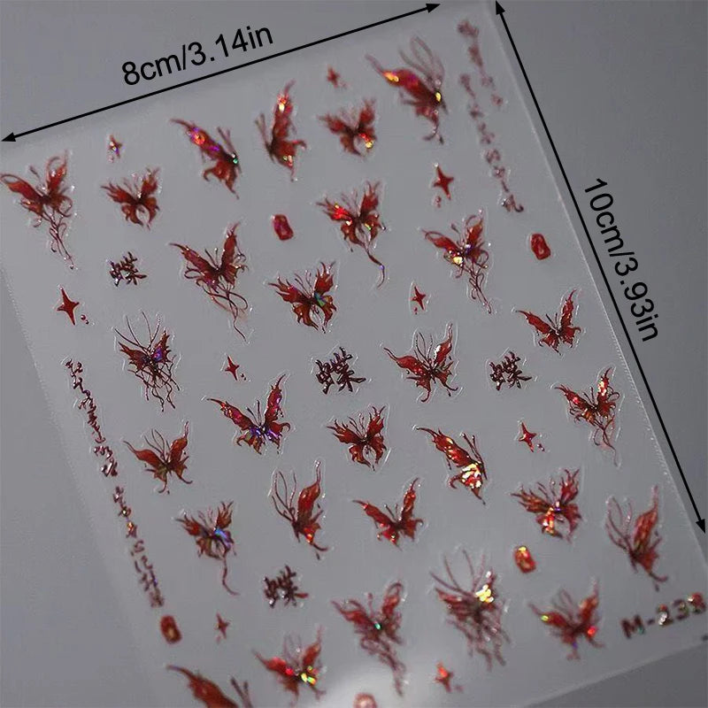 Red Butterfly Nail Stickers Flash Design Decals Self Adhesive Qme one size