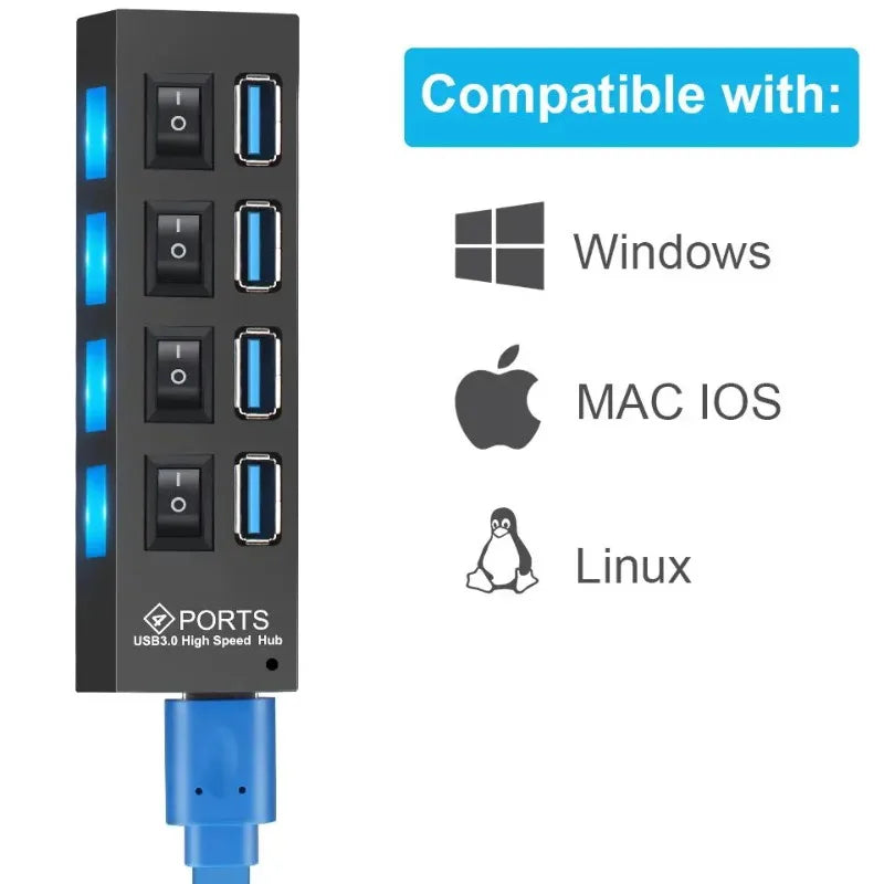 USB 3.0 Hub 5Gbps High Speed Multi USB Splitter 3 Hab Use Power Adapter 4/7 Port Multiple Expander Hub With Switch For PC Laptop Qme
