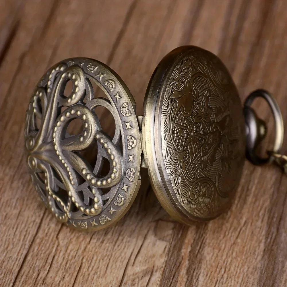 Antique Octopus Hollow Semi-Hunter Quartz Pocket Watch Steampunk Black Pocket Watch Necklace Chain Child Gift Watch Qme