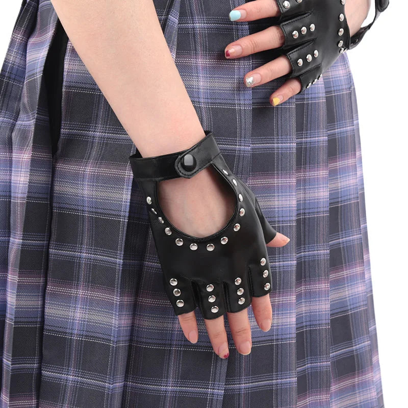Black Gothic Rivets Fingerless Gloves Semi-fingers Breathable Driving Qme