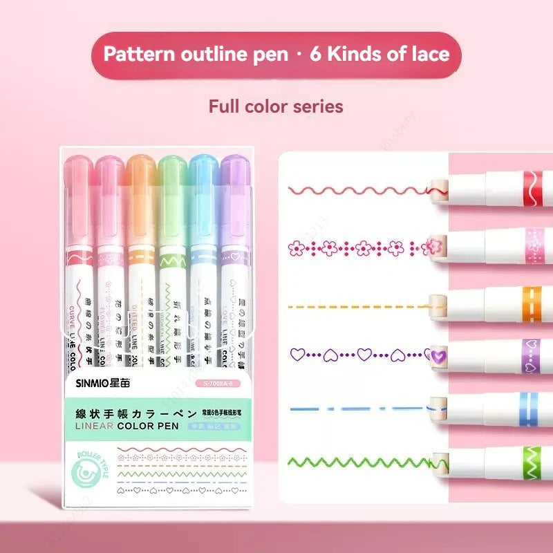 6-24pcs/set Flower Line Shape Highlighter Pen Roller Tip Curve Liner Marker Kawaii Stationery School Office Supplies Qme green