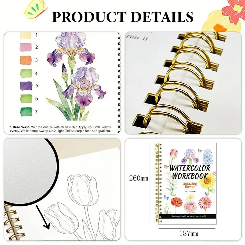 Spiral Bound Watercolor Flower Workbook Thick Paper Easy Guides Qme