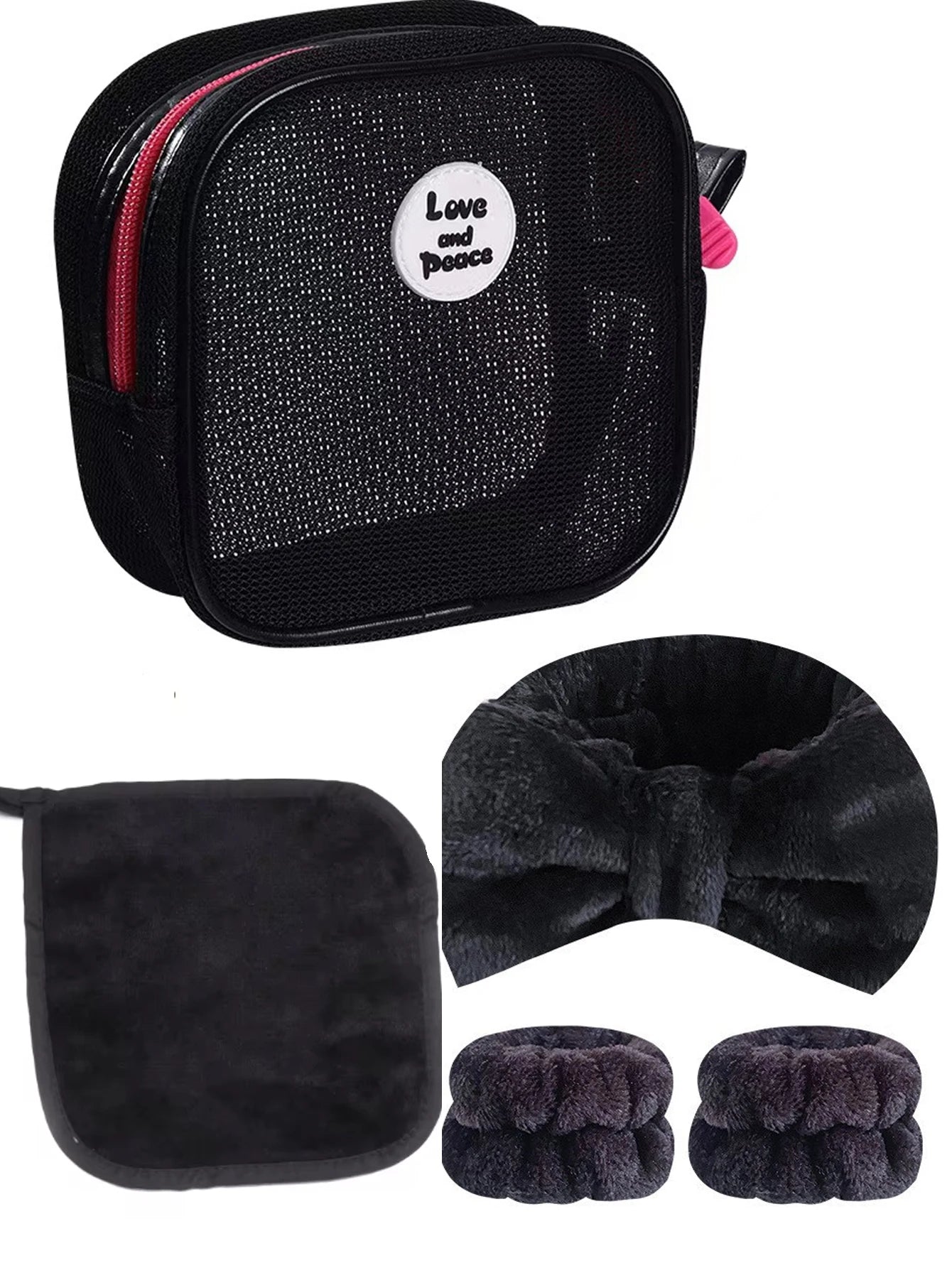 1 Face Wash Headband 2 Wristbands Makeup Removal Towel Cosmetic Bag Qme black