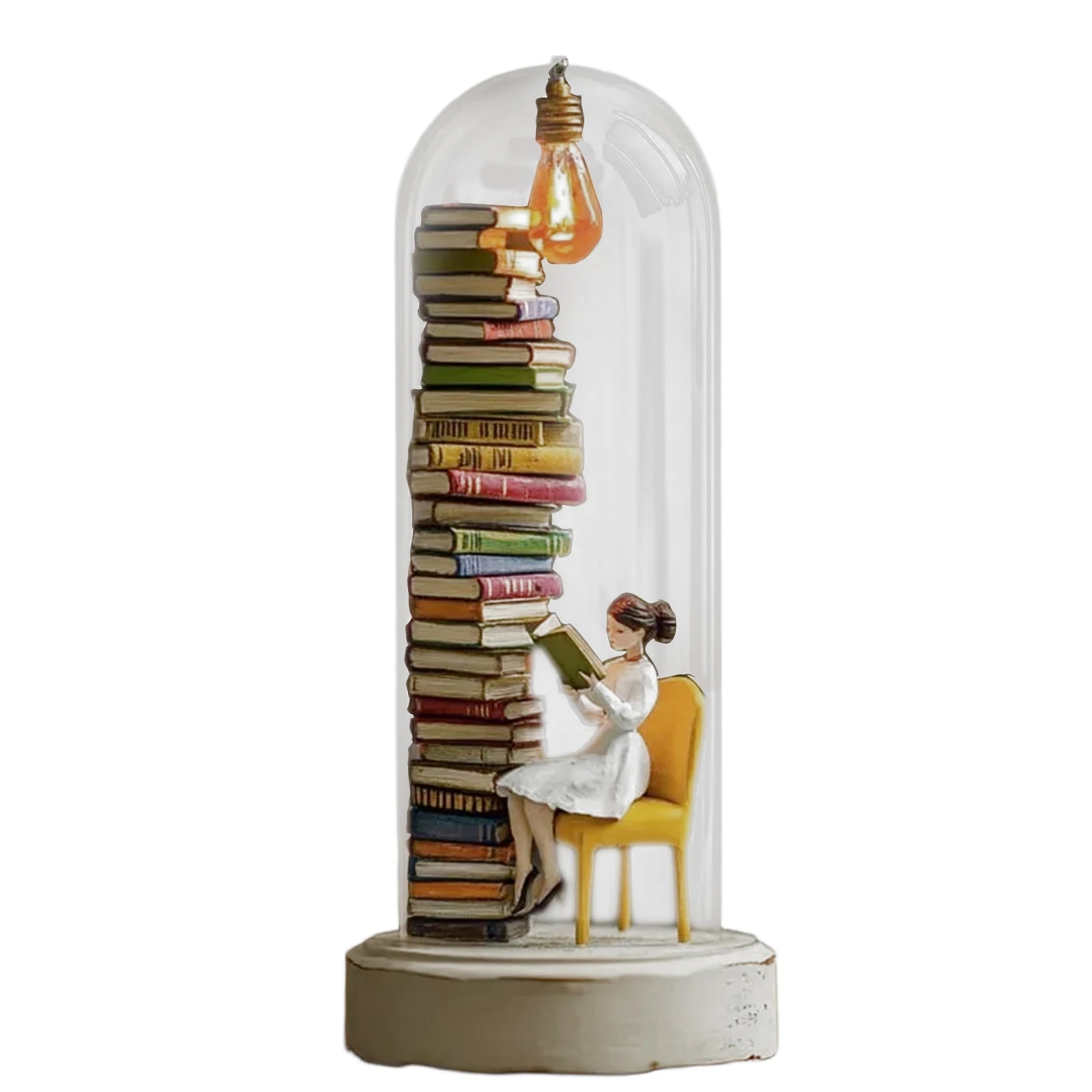 Mini Reading Figurine Lamp with Transparent Cover Tiny Bookshelf Library Statue Light for Desk Ornament Birthday Valentine Gift Qme C One Size