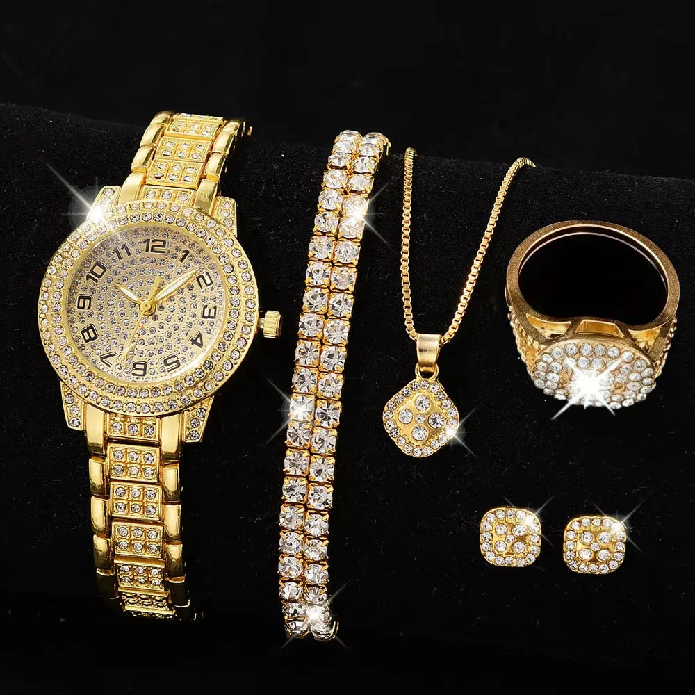 Full Diamond Roman Literal Steel Strip Watch with Starry Charm Business Quartz Watch Set Qme
