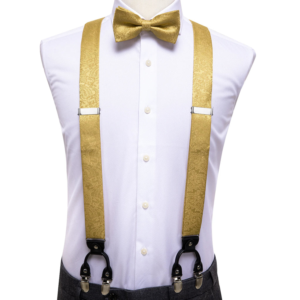 Hi-tie Jacquard Woven Silk Gold Mens Suspender Braces Bow Tie Hanky Qme