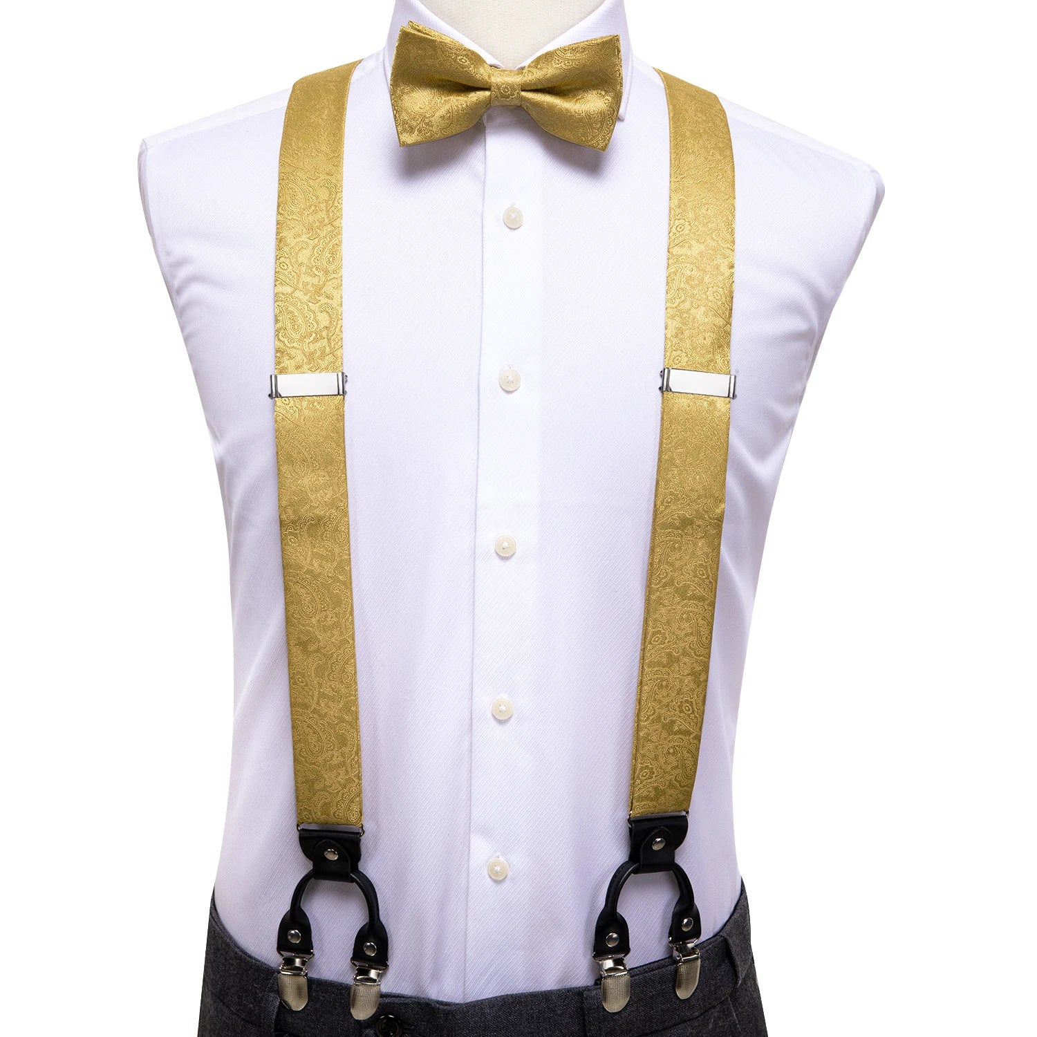 Hi-tie Jacquard Woven Silk Gold Mens Suspender Braces Bow Tie Hanky Qme