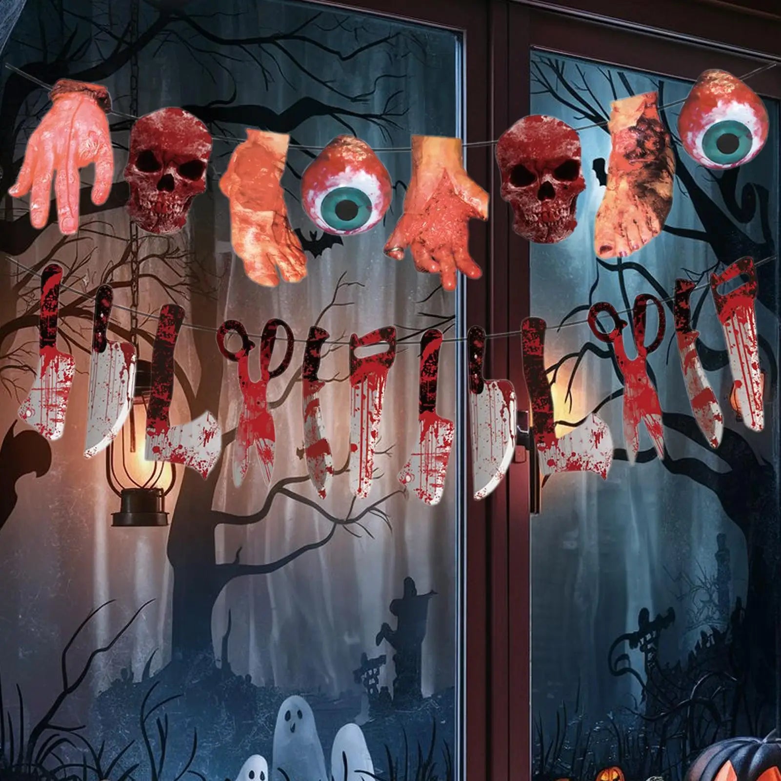 Halloween Banner 2025 Broken Hands Feet Horror Hangable Bloody Qme