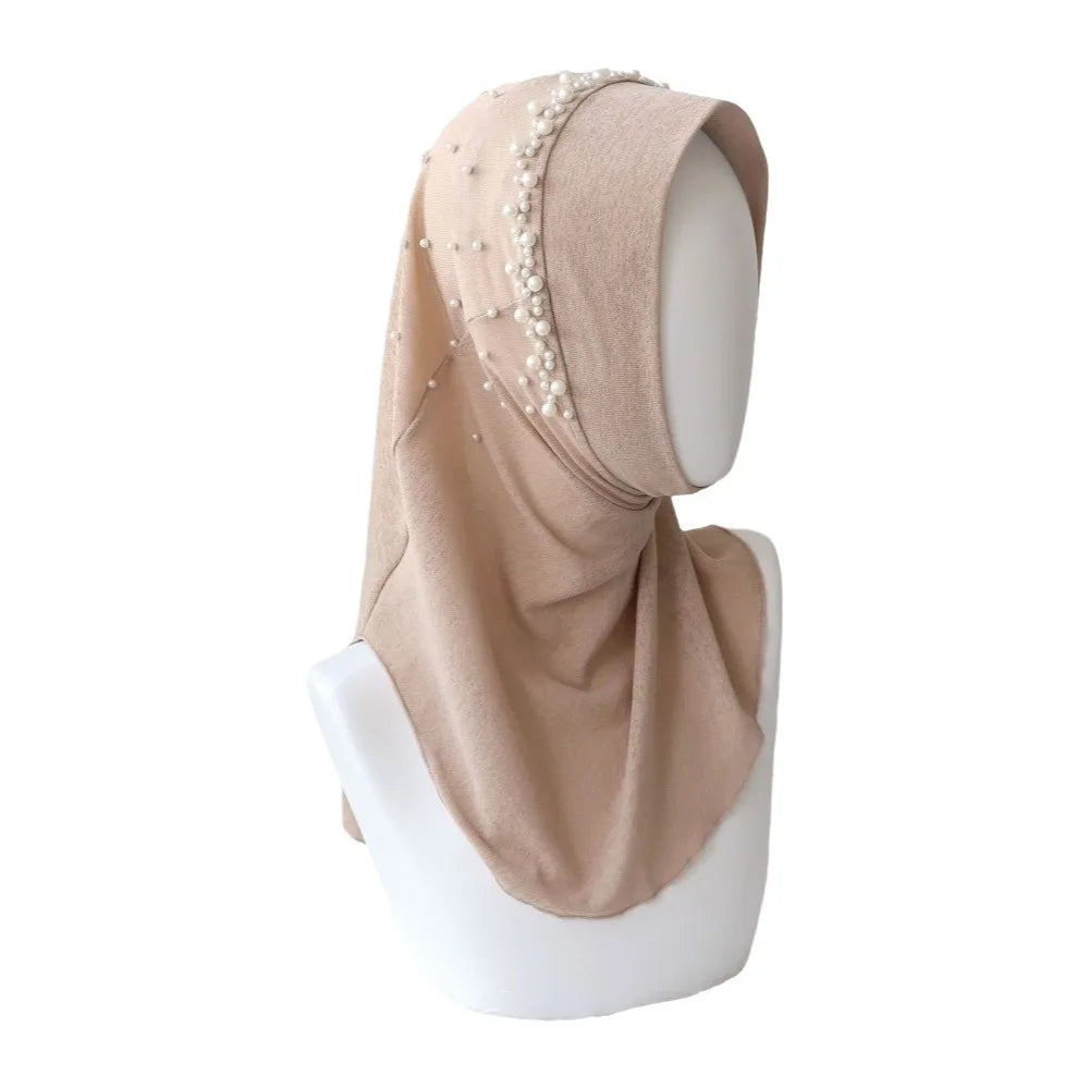 Cute Solid Color Beads Hijab Pull On Style Quick Drying Hijab Scarf Shawls Breathable Sun Protection Headscarf Summer Qme Khaki
