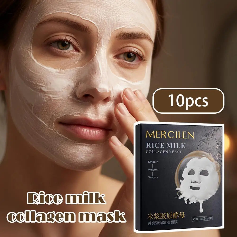 Rice Milk Collagen Yeast Mask 10pcs Collagen,Peel-Off Brightening & Firming Hydrating Skincare For Soft Glowing Skin Qme