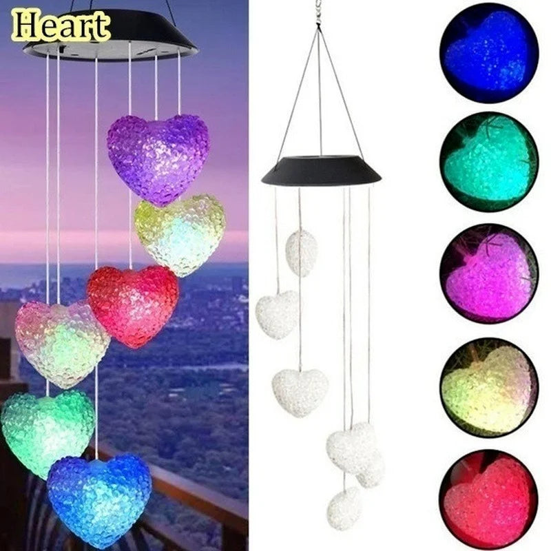 LED Solar Wind Chime Crystal Ball Hummingbird Light Changing Qme Heart