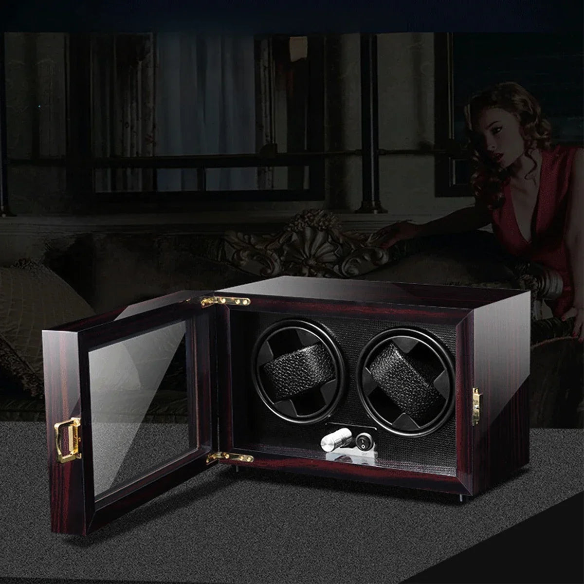 2 4 Slots Wood Watch Winder High-End Automatic Watche Box Mute Motor Watch Cabinet Clock Storage LED Jewelry Store DisplayBox Qme D-2 Slot-3 Speed