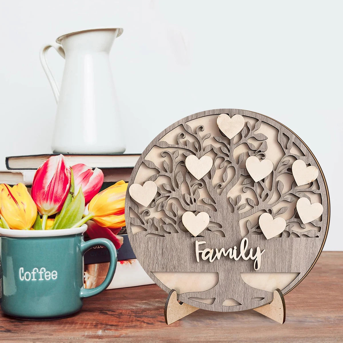 1SET 3D family themed wooden desktop ornament, home hollowed out tree of life with love embellishment, family commemorative gift Qme light brown