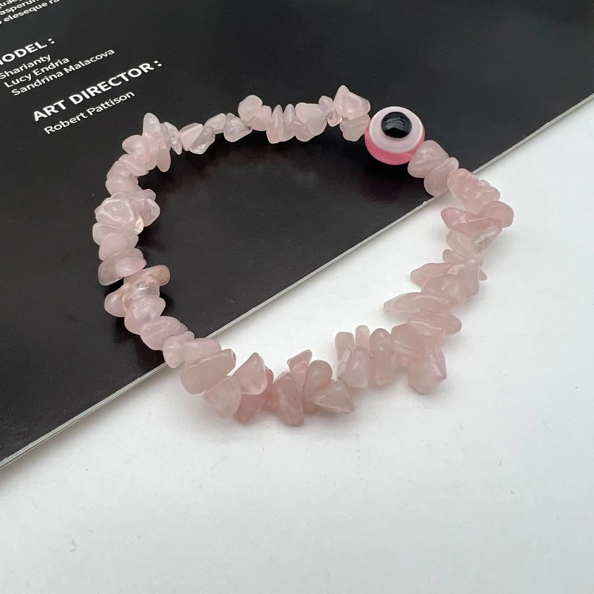 b57 Blue Evil Eye Crystal Bracelet Irregular Natural Stone Beads Chip Jewelry Amethyst Aquamarine Rose Quartz Bangles for Women Qme light pink