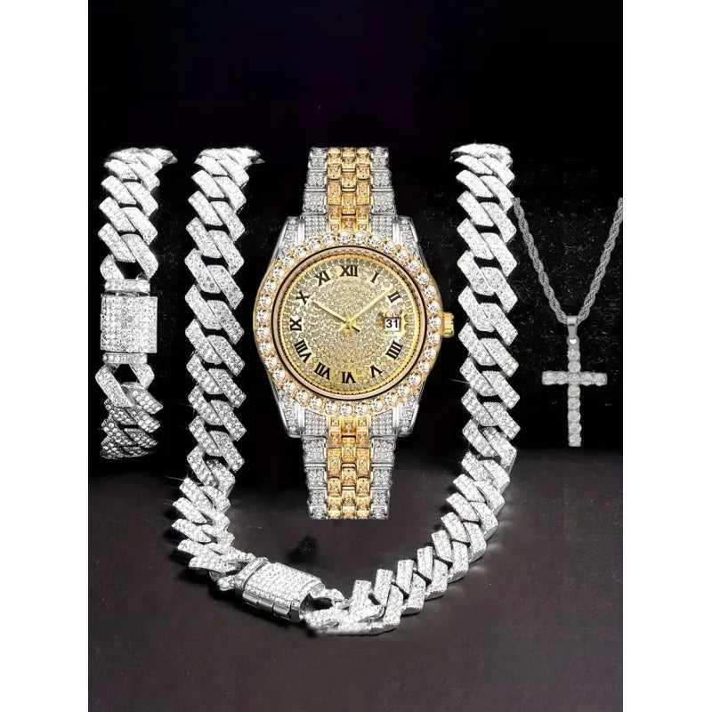 4-in-1 Hip Hop Jewelry Set for Men, Two-tone Iced Out Watch + Cuban Link Chain + Bracelet + Cross Necklace, Gold Silver Tone Qme Silver