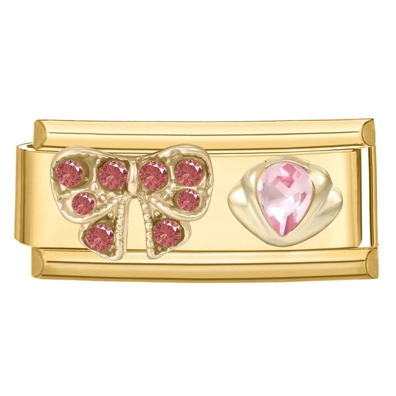 Sweet Flowers Butterfly Cute Heart Bows Italian Charm Link Gold Color Fit 9mm Stainless Steel Bracelet Women DIY Making Gift Qme Style 5