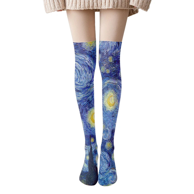 Van Gogh Retro Oil Painting Thigh Stockings Starry Sky Sunflower Qme style15 One Size