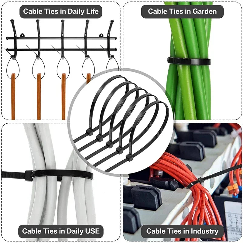 1000/100PCS Nylon Cable Ties Self-locking Cord Ties Straps Adjustable Cables Fastening plastic clamp Heat Resistant Wire Zip Tie Qme
