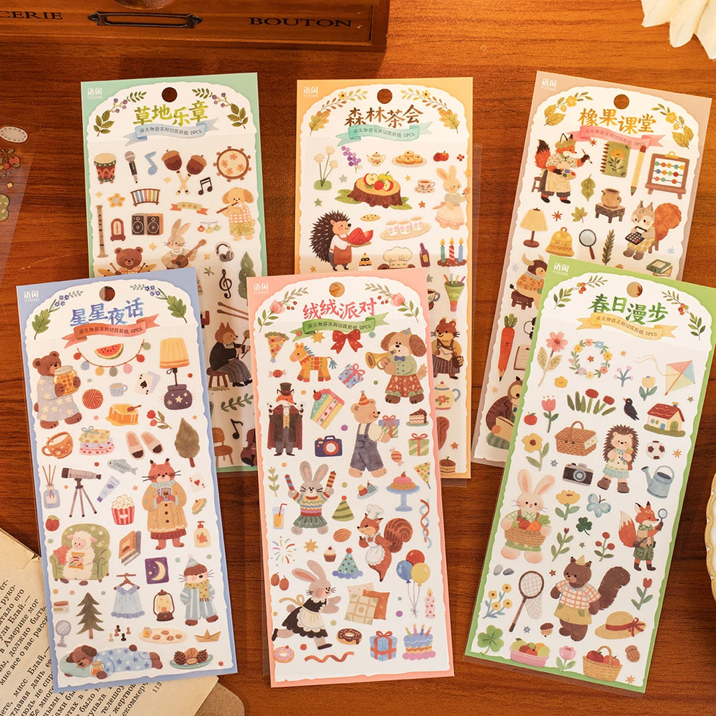 8 Sheets Cute Pets Theme PET Die-Cut Stickers for DIY Scrapbooking Guitar Phone Case Notebook Decoration Qme