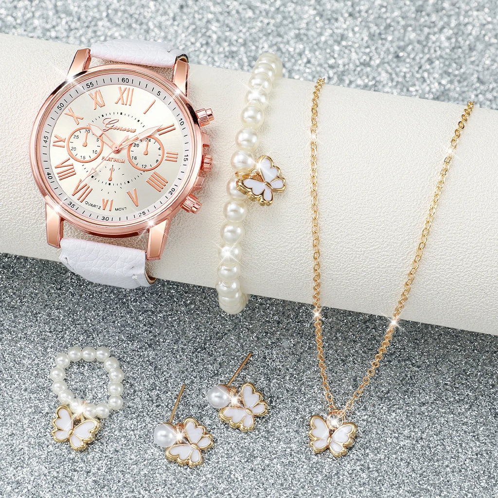 6pcs Ladies' wristwatch belt watch Geneva quartz watch fake three eye Roman watch set Qme