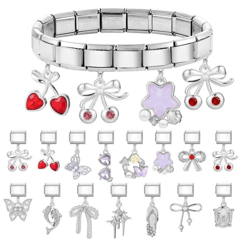 Shiny Colorful Zircon Pendant Series Red Cherry Bow Italian Charm Link Fit 9mm Stainless Steel Bracelet Women Jewelry DIY Making Qme