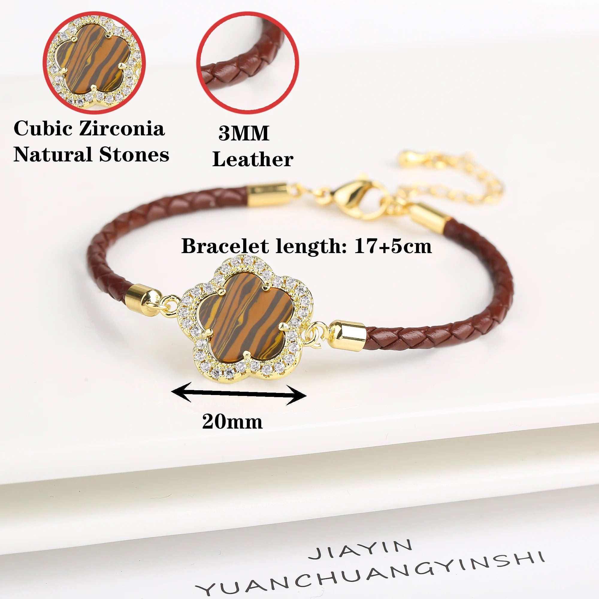 2024 Classic Shiny Zirconia Stone Five Leaf Flower Leather Braided Bracelet Fashion for Women Party Brand Jewelry Daily Wear Qme