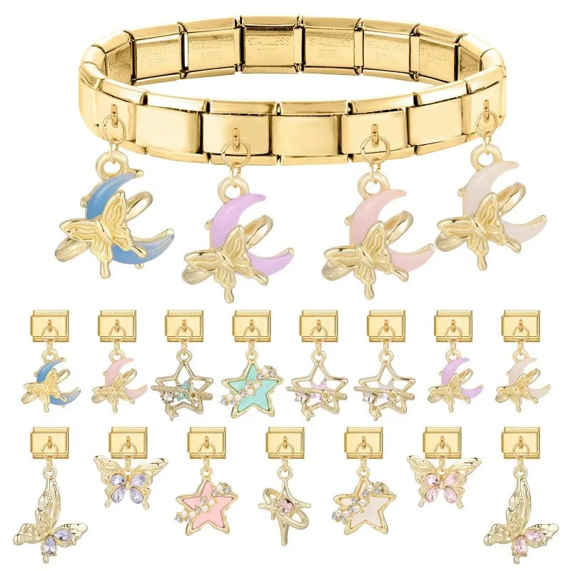 1Pc luxurious Italian style steel Stainless pendants inlaid with artificial zircon exquisite charm elegant Butterfly Moon Stars Qme
