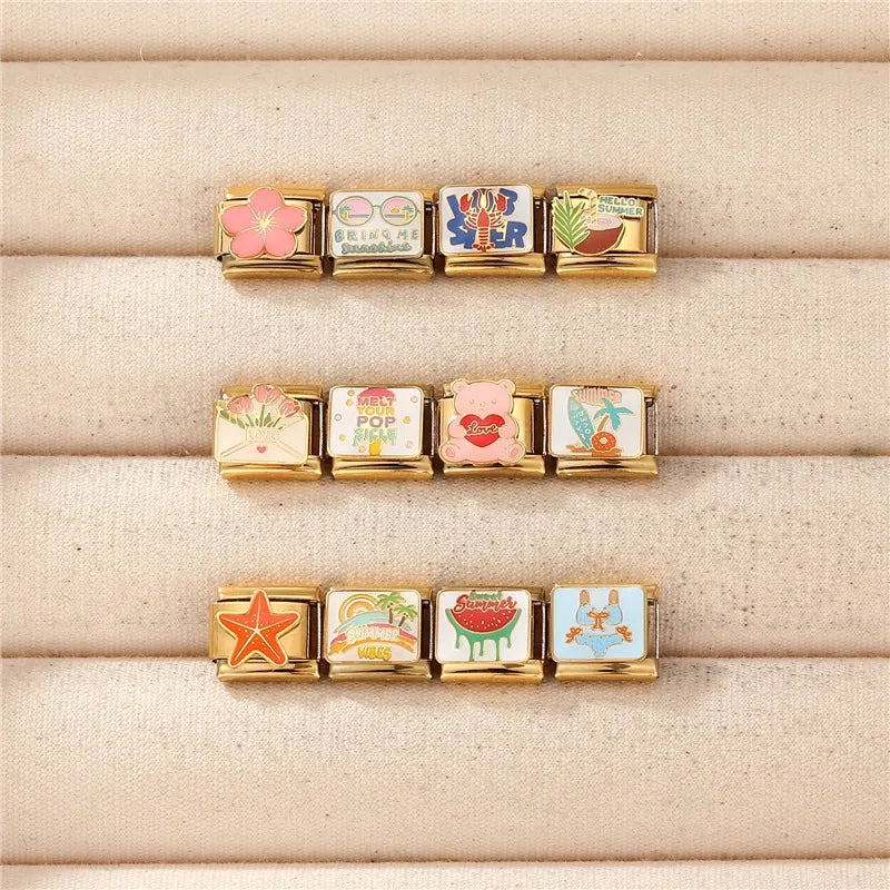 Gold Color Red Love Heart Bear Coconut Tree Pink Flowers Italian Charm Links Stainless Steel Fit 9mm Bracelet Making DIY Jewelry Qme
