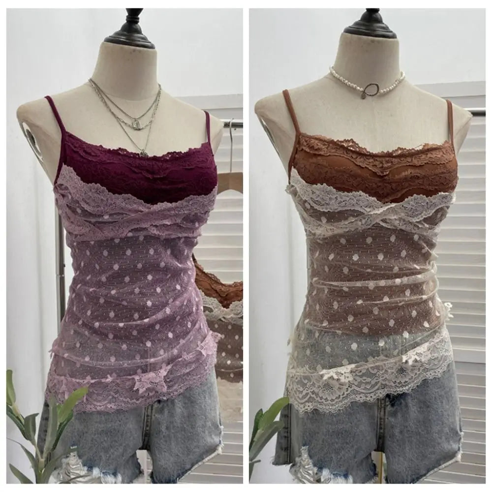 Lace Dots Fake Two Camisole Wrapped Chest Bra Slim Fit Sweet Girl's Qme