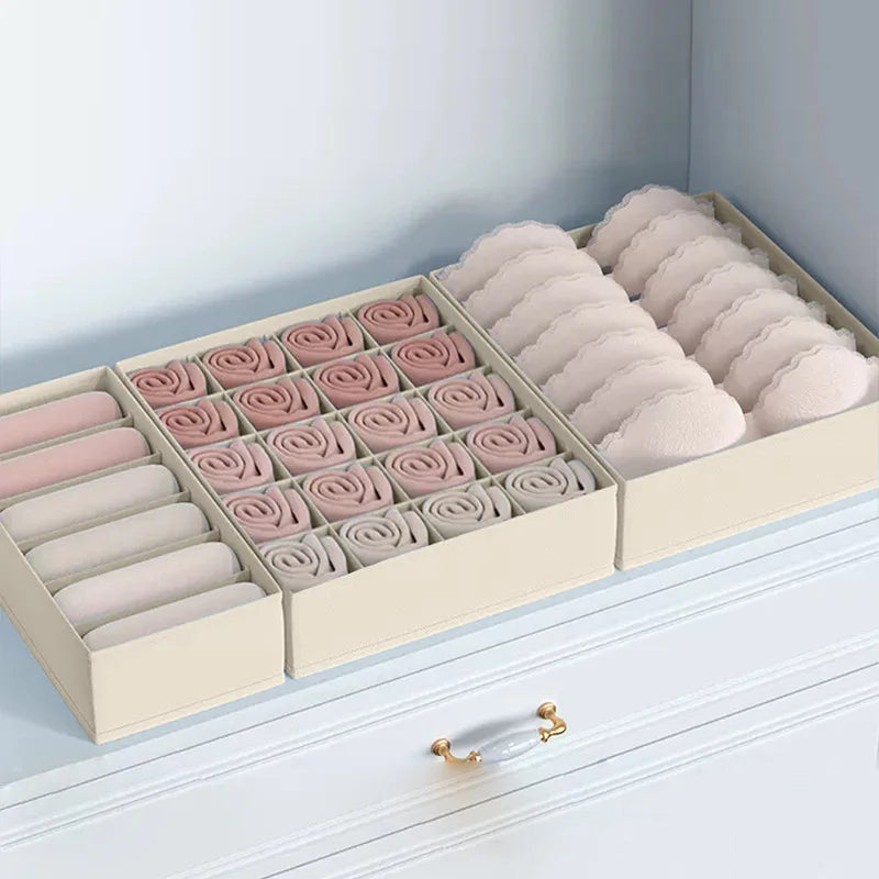 3-Piece Underwear Drawer Organizer Set: Multi-Compartment Storage Box for Bras Panties & Socks | Fits in Dresser Qme Beige 3-Piece Set