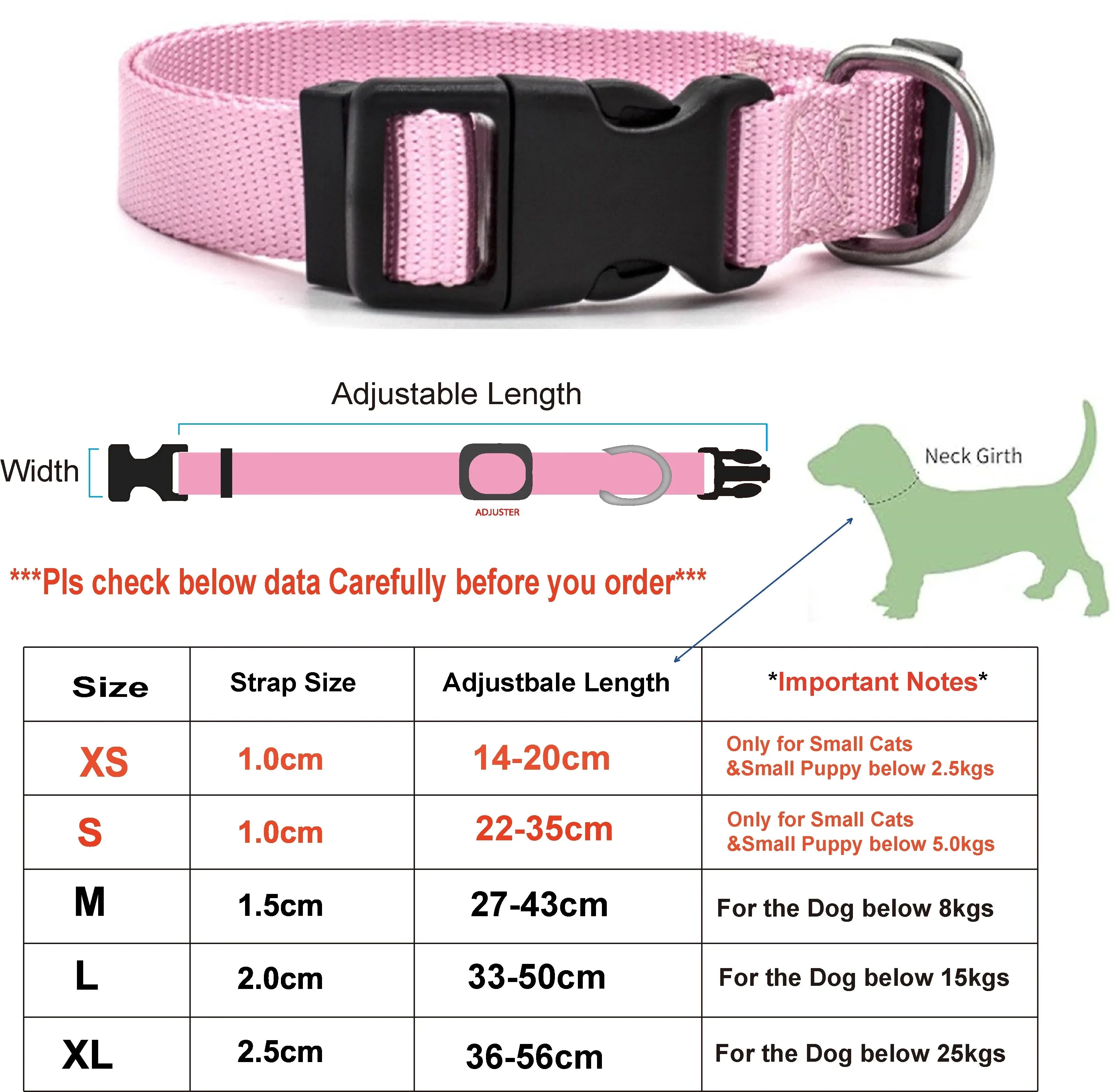 A Adjustable Pet Collars Nylon Puppy Kitten Collar Strong And Durable Neck Band Suitable For Small And Medium Dogs And Cats Qme powder XL 2.5 (36-56)cm
