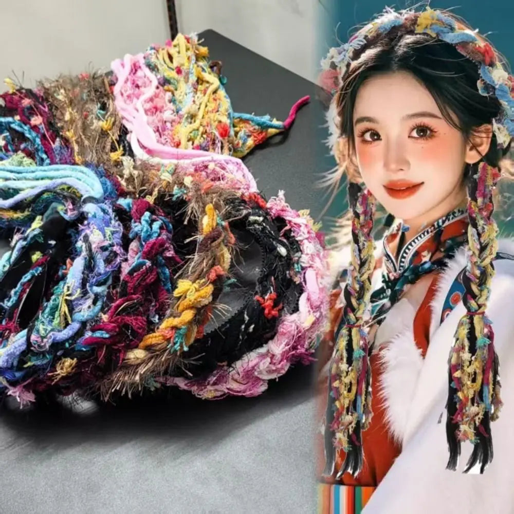 Boho Style Chinese Tibetan Hairband Colorful Ribbon Long Tassel Braid Hairband Candy Colored Weaving Ethnic Hair Hoop Qme