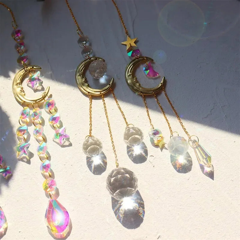 1pc Colored Crystal Wind Chime Moon Decorative Pendant Crystal Prism Hanging Gift SunCatcher For Garden Party Outdoor Home Decor Qme