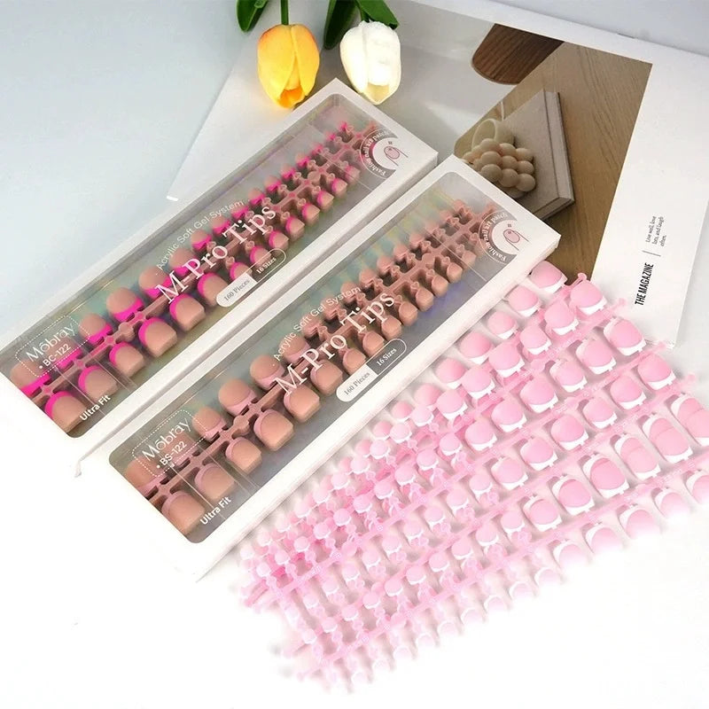 160pcs Fake Toe Nail Tips Pink French Short Square Full Cover Natural Artificial Acrylic Fake Press On Toenails For Nail Salons Qme