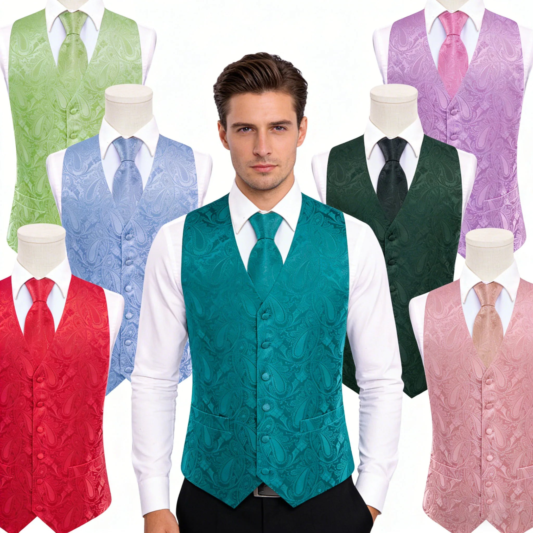 Mens Suit Vest Tie Hanky Cufflinks Rose Teal Pink Coral Blue Red Qme