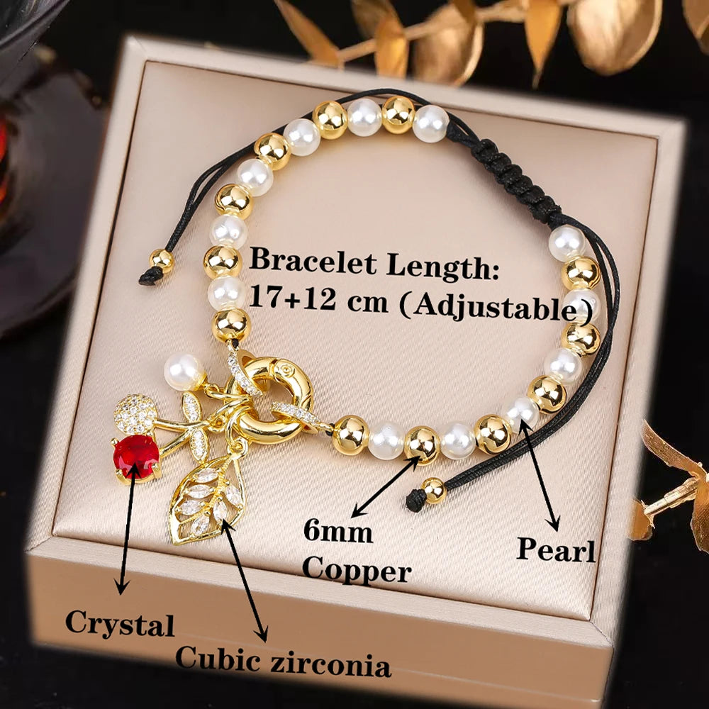 High Quality Pearl Chain Braided Crystal Cherry Adjustable Rope Bracelet Charming For Woman Girl Party Jewelry Gift Daily Wear Qme