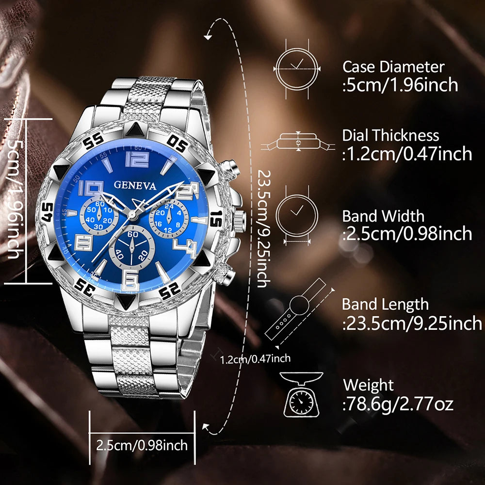 Geneva Three Eyes Blue Plate Men's Steel Belt Watch Blue and White Full Diamond Cuban Bracelet Two Piece Set, Qme