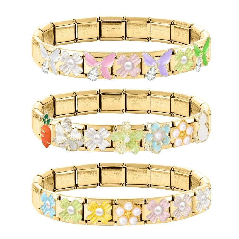 2026 Fashion Vintage Golden Pearl Flowers Gourd Shiny CZ Butterfly Italian Charms Fit 9mm Stainless Steel Bracelet Jewelry Gift Qme