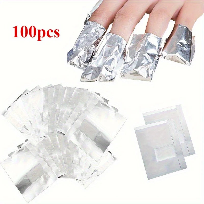 Nail Studio Set 100pcs Glossy Aluminum Foil Sheets, 100pcs Aluminum Foil Absorbent Pads, Gel Polish Remover, Large Pad, Qme 100pcs