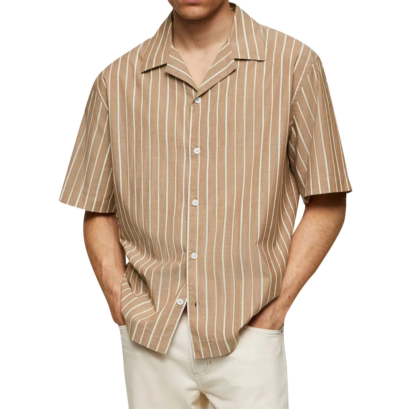 Male Fashionable Stripped Patchwork Retro Business And Daily Half Sleeved Summer Cardigan With Buttons Basics And Versatile Qme Beige XL
