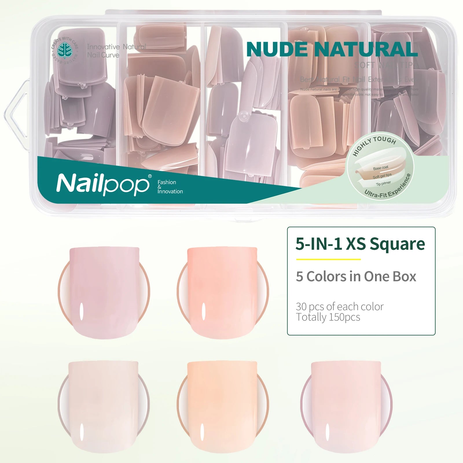 Nailpop 140 Mixed 5 Colors Nude Pink False Nails Artificial Press Qme 5 Color XS Square