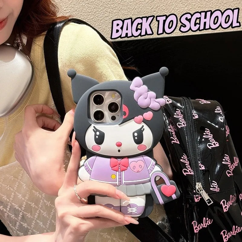 Sanrio Cute 3D Big Head Hello Kitty Case For iPhone 14 15 16 17, Cartoon Bear Heart Soft Silicone Anti-drop Ladies Phone Shell Qme
