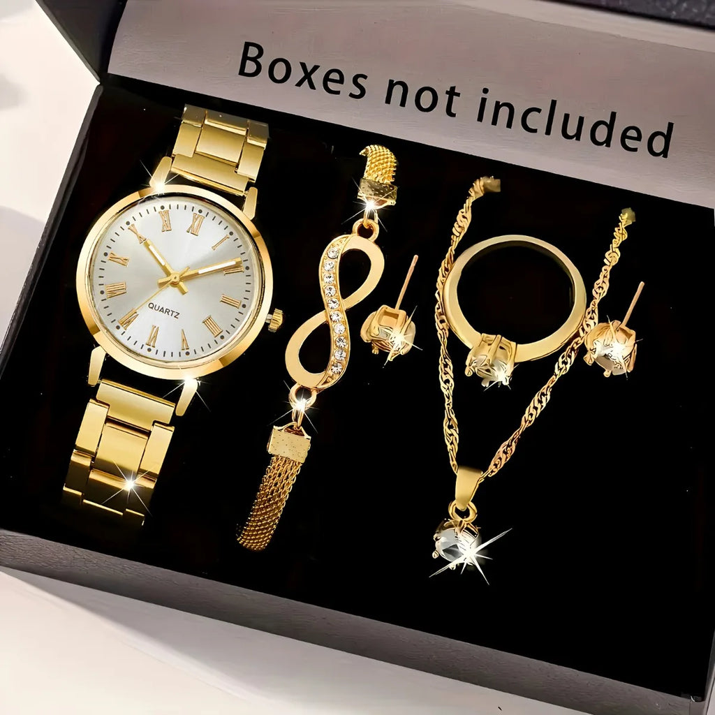 6pcs/set Bracelet Watch Fashion Narrow Strap Gold Steel Strap Quartz Watch Female Student Dial Fashion Set（Without Box） Qme