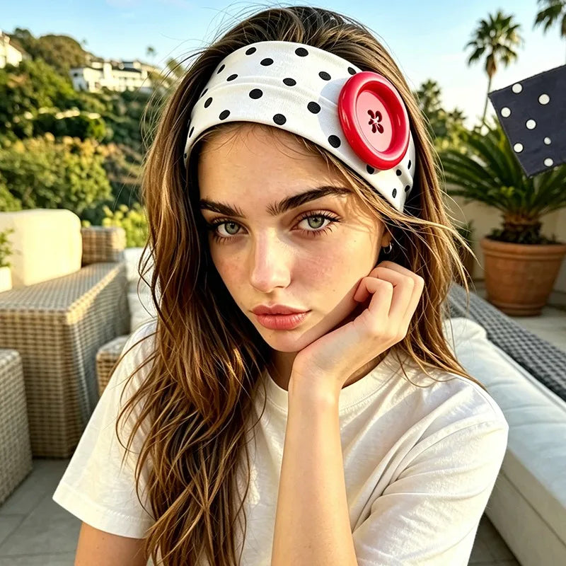 Retro Women's Polka Dot Blue Button Headband Spicy Girl Ins Y2K Europe and America Fashion Headband Sweet Cool Yoga Headband Qme