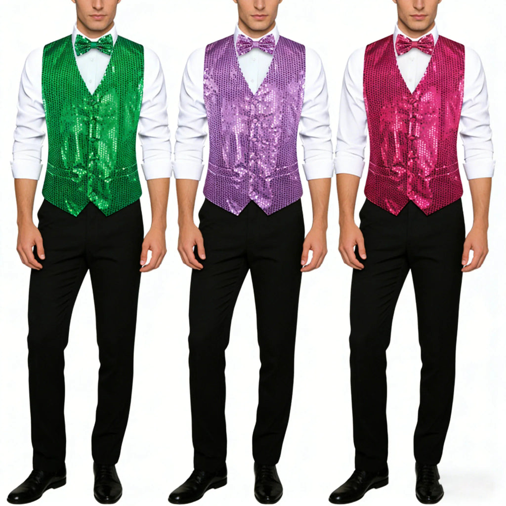 Men's Shiny Sequin Vest Matching Bow Tie 3 Vibrant Options Parties Qme