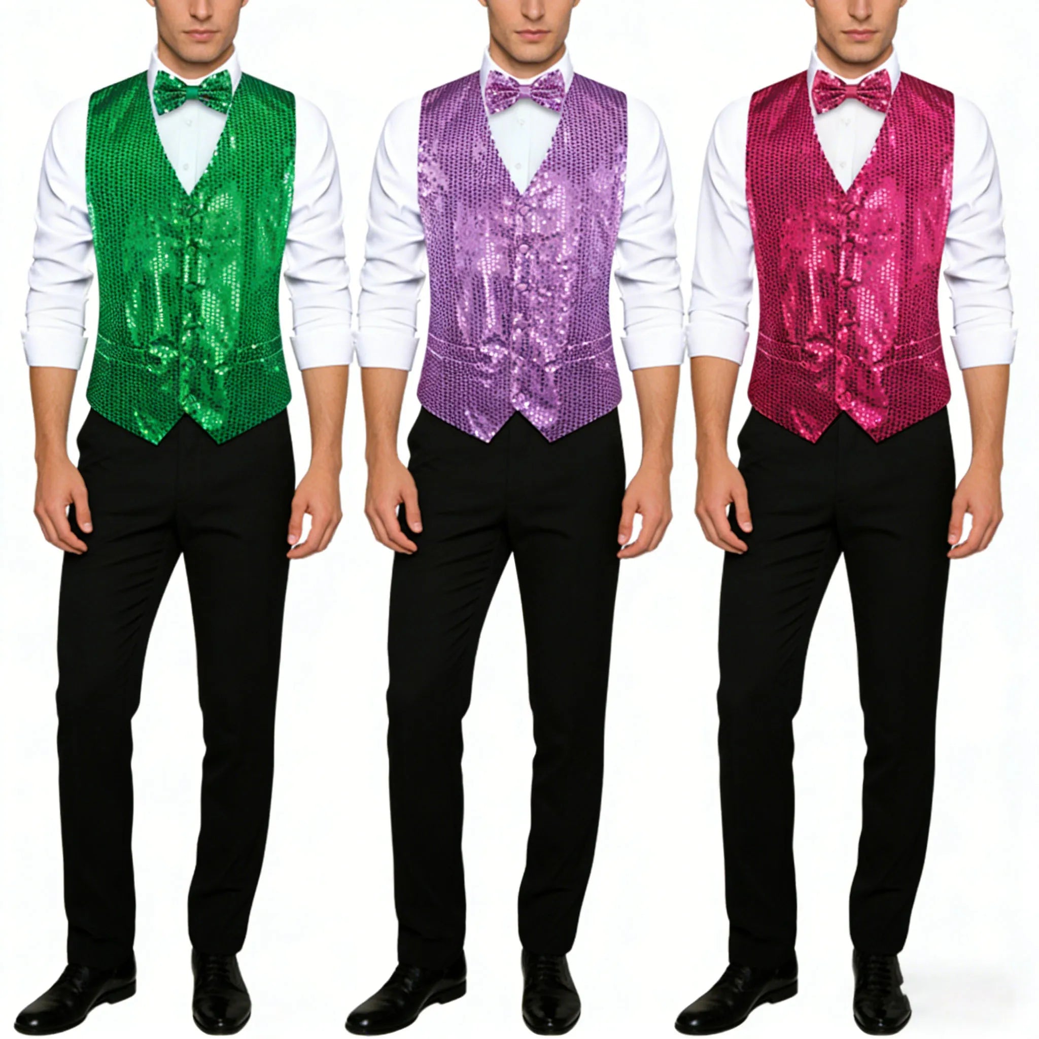 Men's Shiny Sequin Vest Matching Bow Tie 3 Vibrant Options Parties Qme
